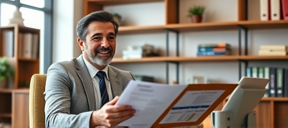 financial advisor, helpful expression, consulting on car loan approval, photorealistic, well-furnished office with wooden shelves, highly detailed, charts and client folder, precise focus, warm, artificial lighting, shot with a 24mm lens.