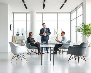 consultative lease contracts discussion, experienced consultant, advising, photorealistic, minimalist office with modern furniture, highly detailed, open space, monochrome shades, focused lighting, shot with a tilt-shift lens.