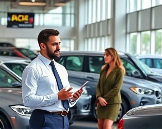 auto leasing specialist, engaging, explaining benefits, photorealistic, modern car showroom with shiny vehicles on display, highly detailed, customers browsing, sharp, crisp shadows, direct sunlight, shot with a 28mm lens.