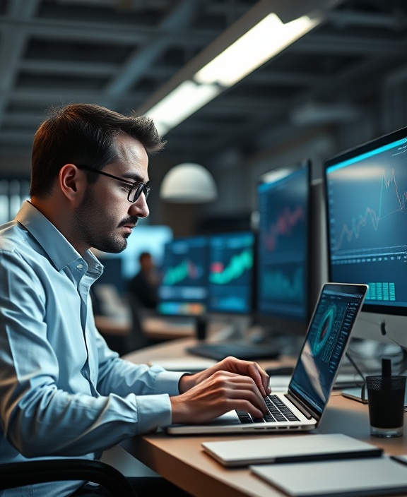 financial analyst, focused, working on a laptop, photorealistic, contemporary office space with high-tech gadgets, highly detailed, charts and graphs visible on screen, cool, muted tones, fluorescent lighting, shot with a 50mm lens.