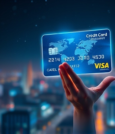 advanced credit card technology, futuristic, hovering holographically above hand, photorealistic, under a starry night sky with city lights below, highly detailed, gentle flicker of the hologram, metallic blues and silvers, glowing neon accents, shot with a tilt-shift lens.