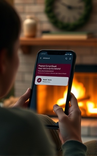 personal credit loan approval moment, relieved, notification popping on mobile screen, photorealistic, cozy living room with fireplace, highly detailed, subtle movement of flames, neutral warm colors, soft ambient lighting, shot with a 50mm f/1.4 lens.