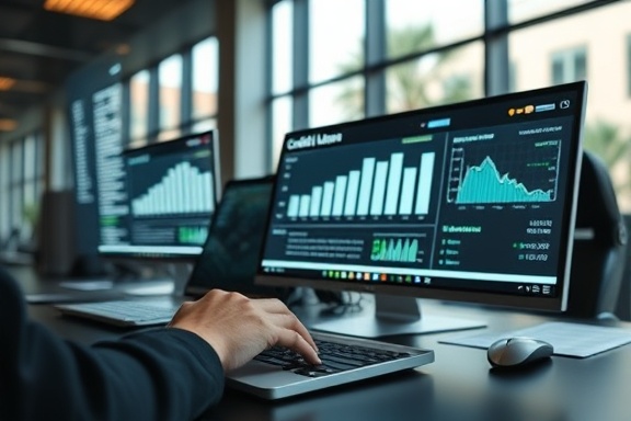 sophisticated credit loan process, thoughtful, being explained across a digital platform, photorealistic, office with modern tech gadgets, highly detailed, subtle motion blur of typing hands, vibrant display screens, natural daylight through large windows, shot with a 35mm lens.