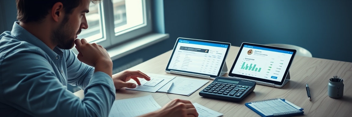 young entrepreneur, thoughtful expression, calculating home financing costs, photorealistic, minimalist workspace with financial apps open, highly detailed, calculator and notes on table, analytical, cool blue tones, natural light from window, shot with a 50mm lens.