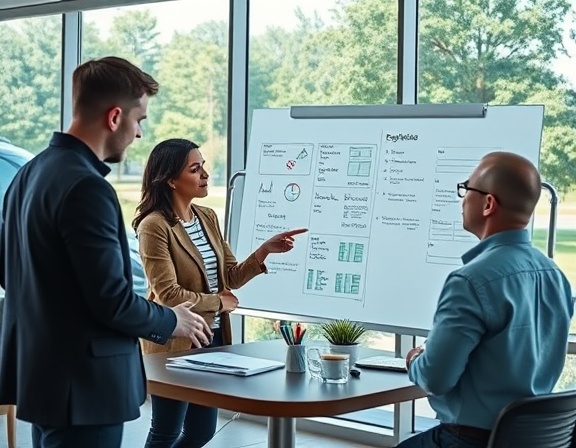 innovative dealership collaboration, demonstrating teamwork, brainstorming new ideas on a digital board, photorealistic, modern office with glass walls overlooking a green park, highly detailed, collaborative energy, 8k resolution, natural colors, soft indirect lighting, shot with a 35mm camera lens