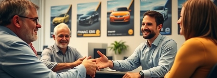 friendly financing rates discussion, engaging, customers in conversation with agents, photorealistic, within a cozy office with posters of cars, highly detailed, nodding heads and handshakes, macro, soft pastels, warm interior lights, shot with a portrait lens