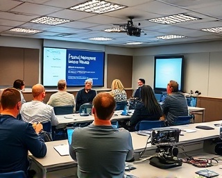 comprehensive lease agreements workshop, attentive participants, learning, photorealistic, classroom setting with advanced equipment, highly detailed, educational infographics, bright hues, even lighting, shot with a standard lens.