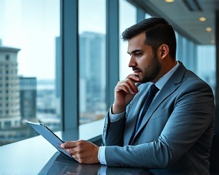 car finance manager, thoughtful, reviewing client portfolios, photorealistic, sleek office with large windows overlooking city view, highly detailed, digital screens glowing, soft, ambient lighting, shot with an 85mm lens.