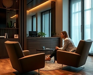 exclusive lease finance session, knowledgeable advisor, guiding, photorealistic, elegant private office with leather chairs, highly detailed, premium materials, earth tones, diffused lighting, shot with a 85mm lens.