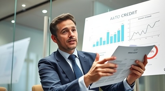 bank officer, professional expression, explaining auto credit options, photorealistic, glass-walled meeting room, highly detailed, charts and graphs on a whiteboard, high clarity, neutral tones, bright indoor lighting, shot with a 24mm lens.