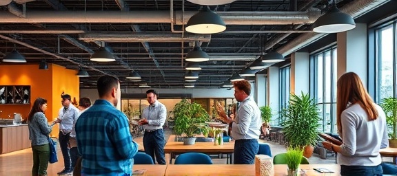 innovative lease contracts showcase, diverse team, collaborating, photorealistic, modern open-plan workspace with coworking vibe, highly detailed, interactive elements, vibrant accents, overhead lighting, shot with an ultra-wide lens.