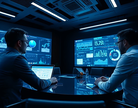 dynamic lease finance meeting, engaged executives, analyzing, photorealistic, boardroom setting with digital screens, highly detailed, futuristic feel, complex graphics, cool tones, LED lighting, shot with a wide-angle lens.