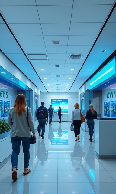 streamlined credit banking service, welcoming, customer assisting online, photorealistic, bright banking lobby with digital interfaces, highly detailed, gentle flow of clients walking in, calming blue palette, soft fluorescent lighting, shot with a 24-70mm lens.