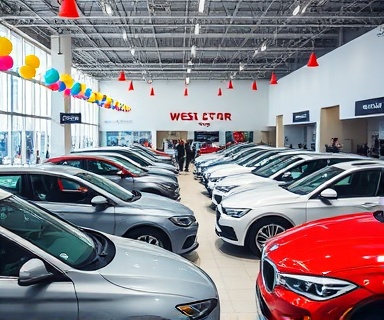busy dealership sales event, lively, showcasing multiple car models with sales representatives, photorealistic, in a large open-space showroom, highly detailed, colorful balloons and banners, 4K video quality, vivid colors, spotlight illumination, shot with a 24-70mm zoom lens