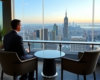 strategic lease purchase negotiation, confident entrepreneurs, deciding, photorealistic, rooftop meeting area with panoramic cityscape, highly detailed, sophisticated decor, neutral colors, natural sunlight, shot with a prime lens.