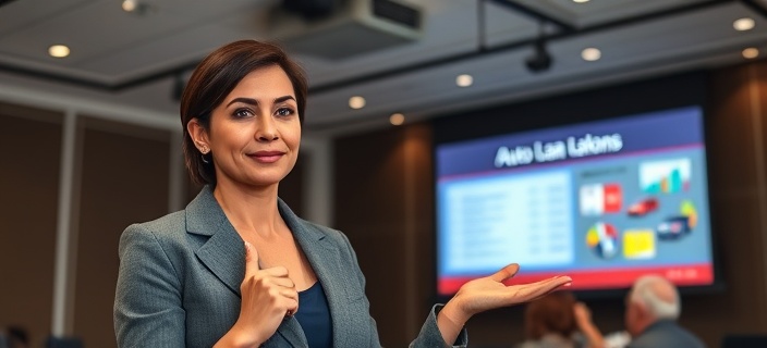 businesswoman, assertive expression, presenting auto loan options, photorealistic, corporate seminar room, highly detailed, projector displaying slides, animated, colorful slides and laser pointer, shot with a 24mm lens.