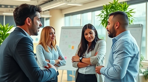 team of commercial mortgage advisors, collaborative expressions, brainstorming session, photorealistic, open-plan office with foliage, highly detailed, whiteboards and post-its in background, panoramic view, vivid colors, bright daylight, captured with a 16mm lens