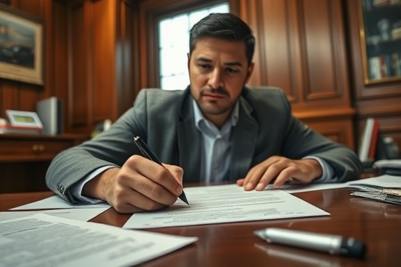 person signing documents, focused expression, reviewing an auto loan agreement, photorealistic, wood-paneled office setting, highly detailed, papers and pens scattered on the desk, close-up focus, earthy tones, warm lighting, shot with a 85mm lens.