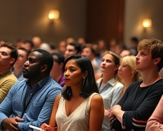 diverse group, engaged expression, attending a lecture on auto credit, photorealistic, conference hall with stage, highly detailed, people taking notes and listening intently, immersive, bright stage lighting, shot with a 35mm lens.
