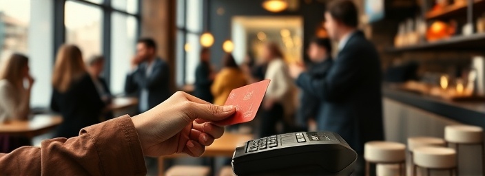 innovative credit payment transaction, swift, tapping card on a terminal, photorealistic, bustling cafe with sleek interiors, highly detailed, movement of people blurred in background, warm earthy colors, ambient light from large windows, shot with a 50mm prime lens.