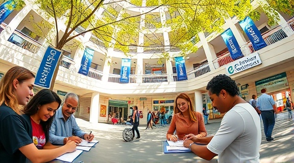 community-focused credit banking initiative, inclusive, people signing up happily, photorealistic, sunny open-air plaza with banners, highly detailed, leaves gently swaying in the breeze, bright primary colors, direct sunlight, shot with a fish-eye lens.