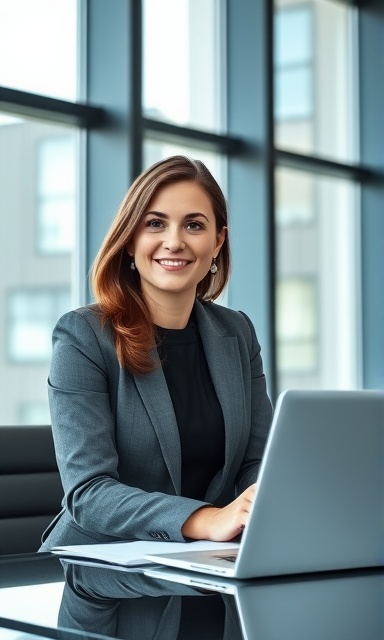 businesswoman, confident expression, discussing car loan financing, photorealistic, sleek corporate conference room with large windows, highly detailed, presentation slides and laptop, crisp resolution, cool, diffused lighting, shot with a 85mm lens.