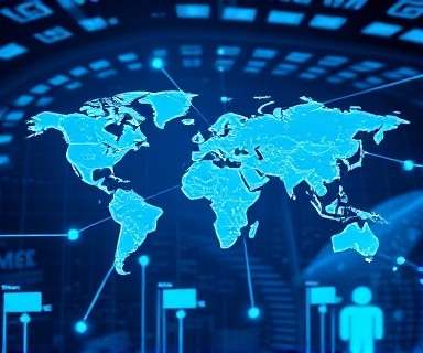 dynamic partner network, showing unity, connecting dots on a global map, photorealistic, virtual reality environment with digital interfaces surrounding, highly detailed, futuristic elements, high dynamic range, cool blue tones, ambient lighting, shot with a 24mm camera lens
