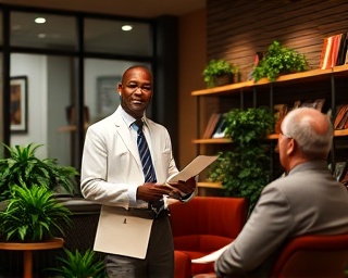 finance loan officer, confident, presenting loan options, photorealistic, cozy bank interior with plants and wooden decor, highly detailed, clients seated attentively, rich, warm hues, diffuse lighting, shot with a 24-70mm lens.