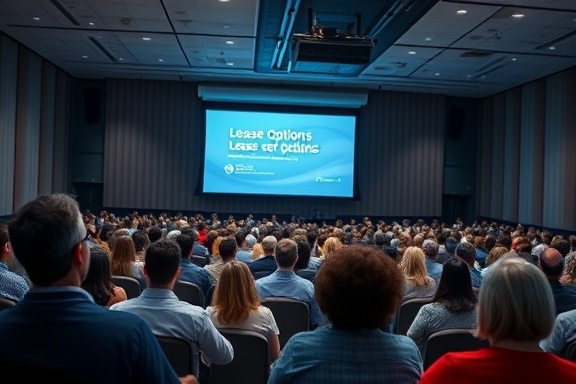 efficient lease options presentation, focused audience, presenting, photorealistic, large auditorium with a digital projector, highly detailed, clear slides, neutral palette, spotlight illumination, shot with a zoom lens.