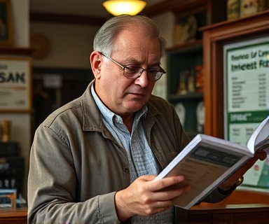 middle-aged man, pensive expression, reviewing car loan interest rates, photorealistic, quaint neighborhood bank with vintage decor, highly detailed, brochures and calculator in hand, impeccable clarity, neutral, ambient lighting, shot with a 35mm lens.