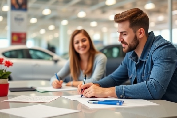 young couple at lending auto desk, excited, signing documents, photorealistic, bright dealership showroom background, highly detailed, papers and pens scattered, bokeh, vibrant, daylight, shot with a 35mm lens.