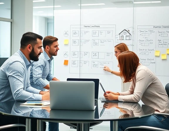 team of analysts, collaborative expression, working on home loan projections, photorealistic, glass conference room with whiteboard sketches, highly detailed, laptop screens and sticky notes visible, productive, assorted colors for whiteboard markers, shot with a 24mm lens.