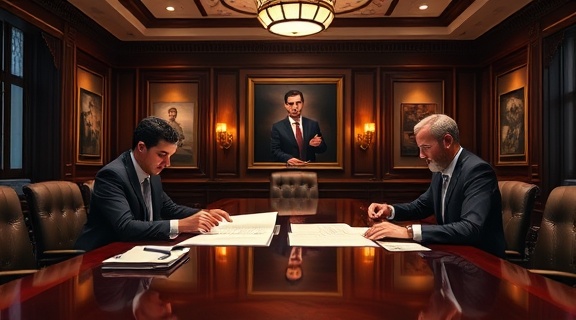 strategic dealer agreement, expressing confidence, reviewing contractual documents, photorealistic, elegant boardroom with a large mahogany table, highly detailed, professional atmosphere, ultra-high-definition, rich dark colors, focused overhead lighting, shot with an 85mm camera lens