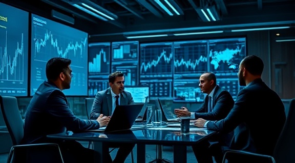 active financing approval discussion, collaborative, clients and advisors at a table discussing terms, photorealistic, inside a corporate office with financial charts, highly detailed, computer screens glowing, super resolution, cool tones, overhead lights, shot with a 28-135mm lens