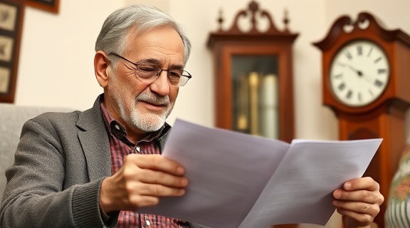 elderly couple, content expression, finalizing home financing paperwork, photorealistic, traditional styled study, highly detailed, grandfather clock ticking in background, warm, warm wooden tones, shot with a 85mm lens.