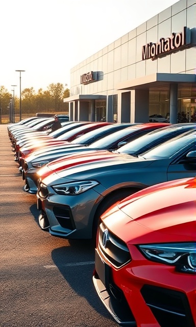 dynamic dealership cars, vibrant, lined up ready for purchase, photorealistic, outside a modern dealership, highly detailed, customers inspecting vehicles, 8K resolution, glossy finishes, morning sunlight, shot with a wide-angle lens
