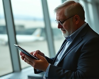 middle-aged man, contemplative expression, reviewing auto financing options on a tablet, photorealistic, airport lounge setting, highly detailed, planes visible through wide windows, leisurely, muted tones, cool ambient lighting, shot with a 35mm lens.