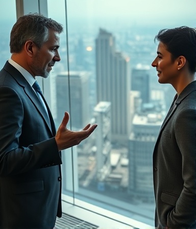 commercial banking interaction, eager expression, presenting ideas, photorealistic, high-rise office with skyline view, highly detailed, digital screen displaying financial data, HDR imaging, cool tones, afternoon sunlight streaming, shot with a 35mm lens
