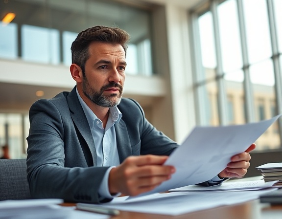 experienced commercial lender, focused expression, discussing terms, photorealistic, modern architectural background, highly detailed, paperwork scattered on a desk, wide-angle, neutral colors, soft studio lighting, captured with a 24mm lens